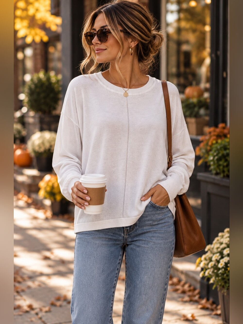 Max Studio White Crewneck Lightweight Sweater